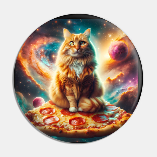 Orange Cat with Pizza in Space, Funny Pizza Lover Pin by logiamerch