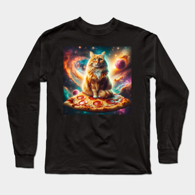 Orange Cat with Pizza in Space, Funny Pizza Lover Long Sleeve T-Shirt by logiamerch