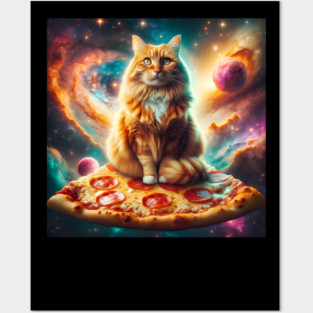 Orange Cat with Pizza in Space, Funny Pizza Lover Posters and Art