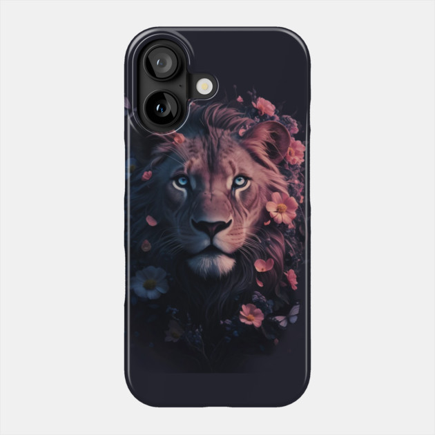 highly detailed and vibrant portrait of a lion’s head adorned with flowers and butterflies against a dark background, creating a striking contrast Phone Case by animegirlnft