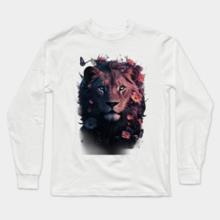highly detailed and vibrant portrait of a lion’s head adorned with flowers and butterflies against a dark background, creating a striking contrast Long Sleeve T-Shirt