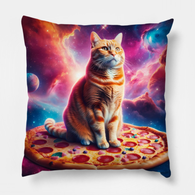 Orange Cat with Pizza in Space, Funny Pizza Lover Pillow by logiamerch