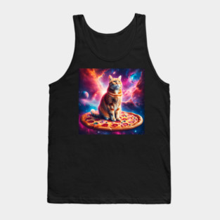 Orange Cat with Pizza in Space, Funny Pizza Lover Tank Top