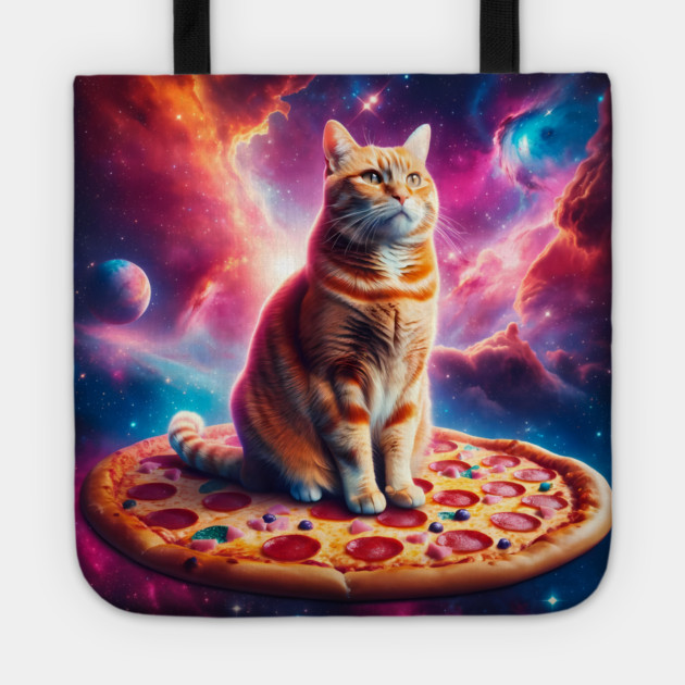 Orange Cat with Pizza in Space, Funny Pizza Lover Tote by logiamerch