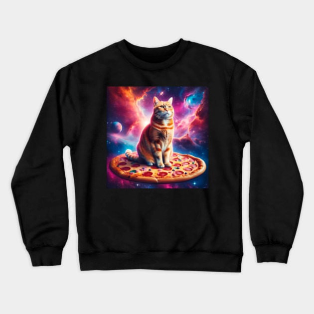 Orange Cat with Pizza in Space, Funny Pizza Lover Crewneck Sweatshirt by logiamerch