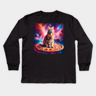Orange Cat with Pizza in Space, Funny Pizza Lover Kids Long Sleeve T-Shirt