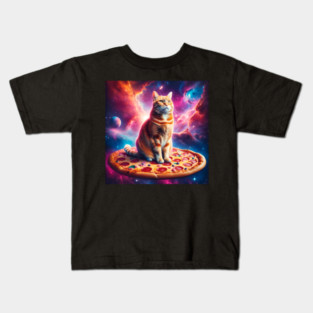 Orange Cat with Pizza in Space, Funny Pizza Lover Kids T-Shirt