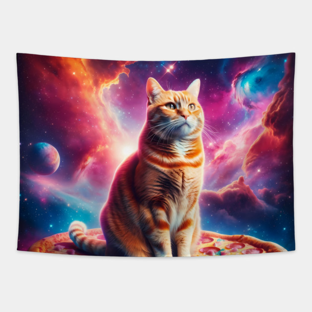Orange Cat with Pizza in Space, Funny Pizza Lover Tapestry by logiamerch