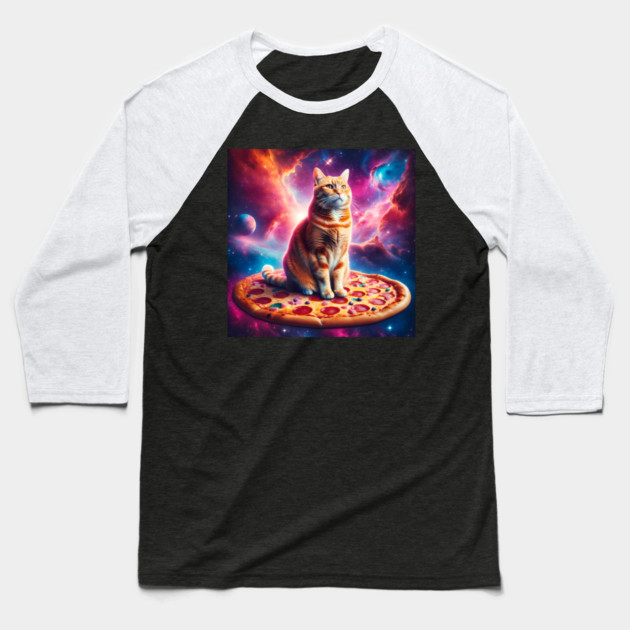 Orange Cat with Pizza in Space, Funny Pizza Lover Baseball T-Shirt by logiamerch