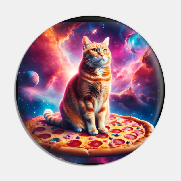 Orange Cat with Pizza in Space, Funny Pizza Lover Pin by logiamerch