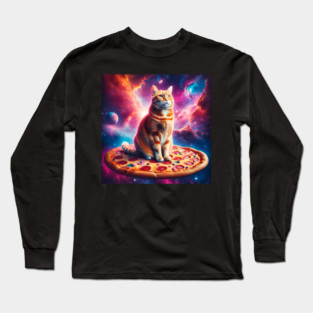 Orange Cat with Pizza in Space, Funny Pizza Lover Long Sleeve T-Shirt