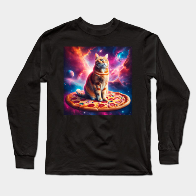 Orange Cat with Pizza in Space, Funny Pizza Lover Long Sleeve T-Shirt by logiamerch
