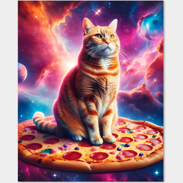 Orange Cat with Pizza in Space, Funny Pizza Lover Wall Art by logiamerch