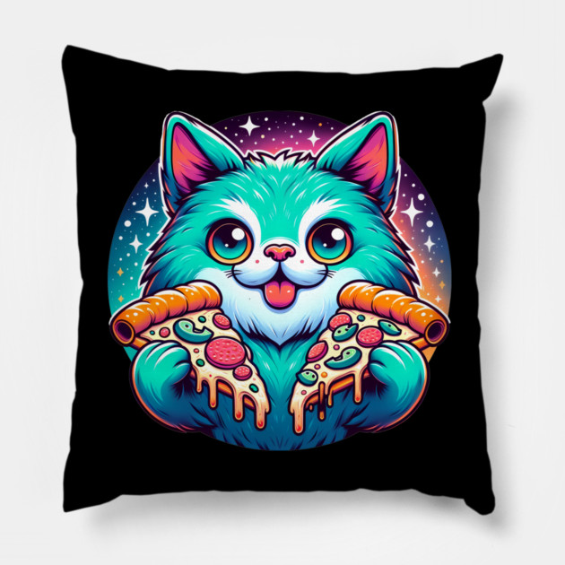 Cute Cat with Pizza in Space, Funny Pizza Lover Pillow by logiamerch