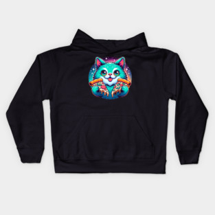 Cute Cat with Pizza in Space, Funny Pizza Lover Kids Hoodie