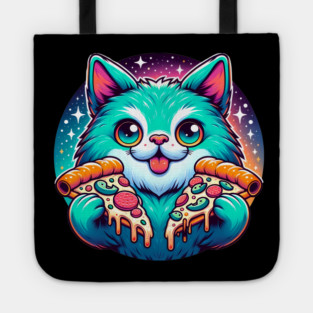 Cute Cat with Pizza in Space, Funny Pizza Lover Tote
