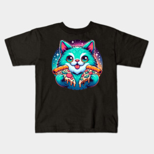 Cute Cat with Pizza in Space, Funny Pizza Lover Kids T-Shirt