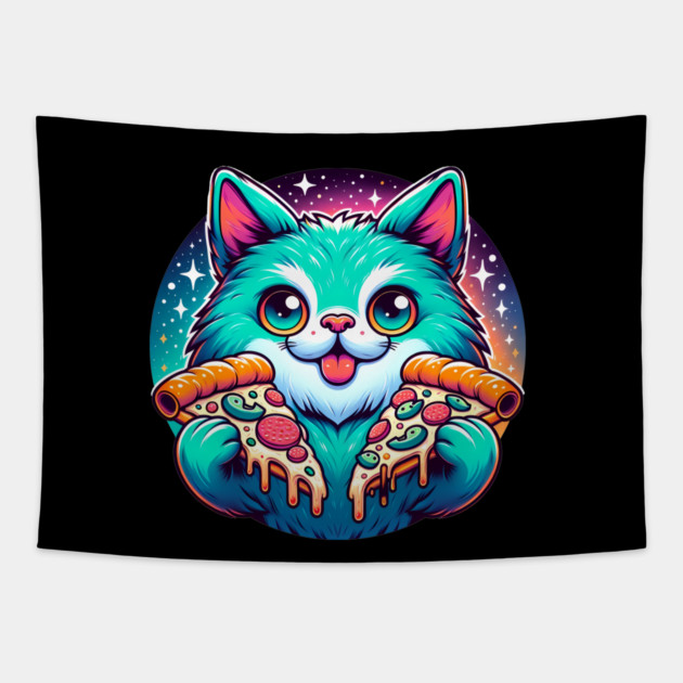 Cute Cat with Pizza in Space, Funny Pizza Lover Tapestry by logiamerch
