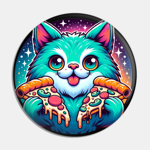 Cute Cat with Pizza in Space, Funny Pizza Lover Pin by logiamerch