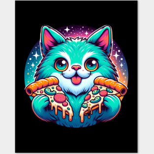 Cute Cat with Pizza in Space, Funny Pizza Lover Posters and Art