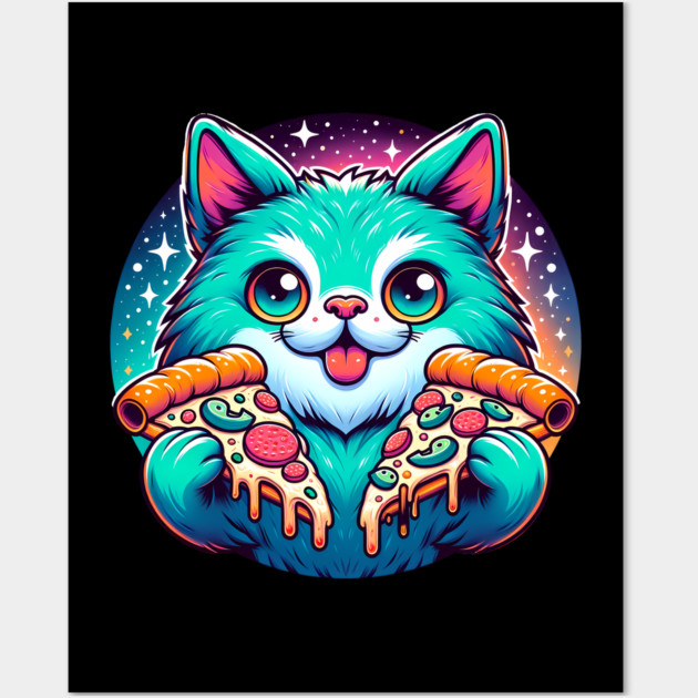 Cute Cat with Pizza in Space, Funny Pizza Lover Wall Art by logiamerch