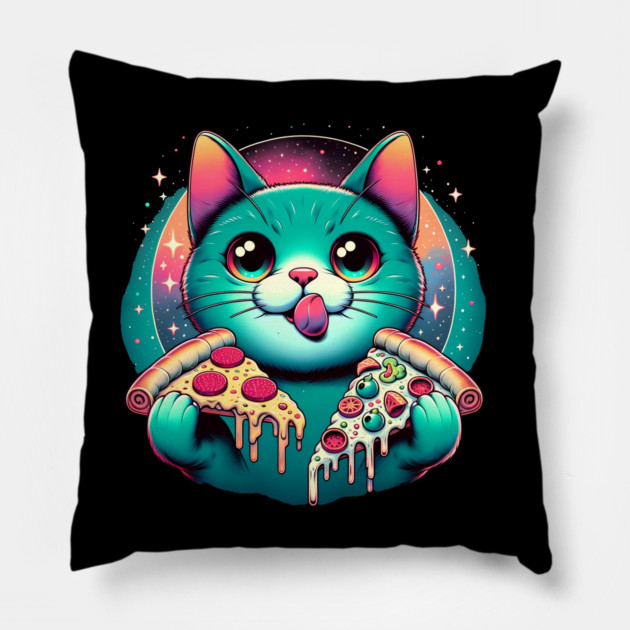 Cute Cat with Pizza in Space, Funny Pizza Lover Pillow by logiamerch