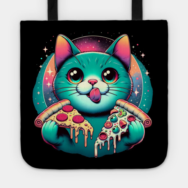 Cute Cat with Pizza in Space, Funny Pizza Lover Tote by logiamerch
