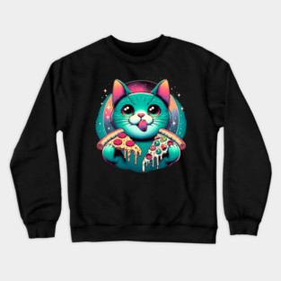 Cute Cat with Pizza in Space, Funny Pizza Lover Crewneck Sweatshirt