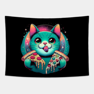 Cute Cat with Pizza in Space, Funny Pizza Lover Tapestry