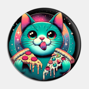 Cute Cat with Pizza in Space, Funny Pizza Lover Pin