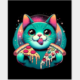 Cute Cat with Pizza in Space, Funny Pizza Lover Posters and Art