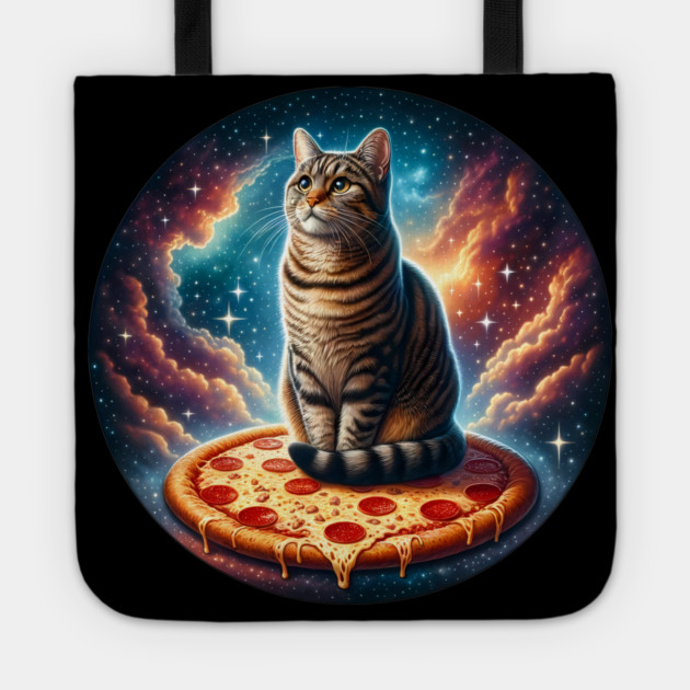 Cat with Pizza in Space, Funny Pizza Lover Tote by logiamerch