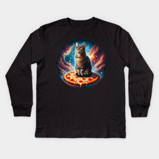 Cat with Pizza in Space, Funny Pizza Lover Kids Long Sleeve T-Shirt