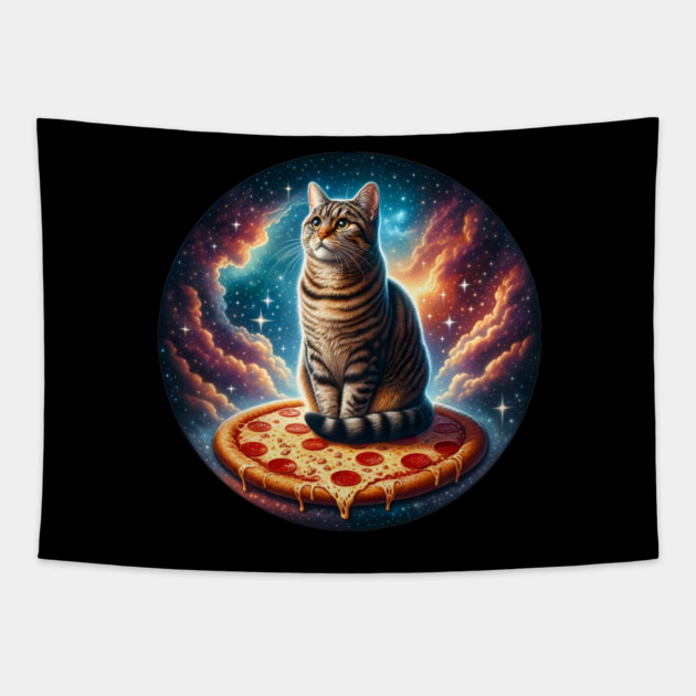 Cat with Pizza in Space, Funny Pizza Lover Tapestry by logiamerch