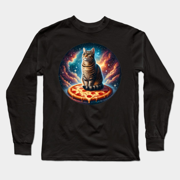 Cat with Pizza in Space, Funny Pizza Lover Long Sleeve T-Shirt by logiamerch