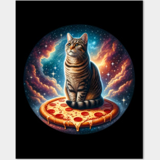 Cat with Pizza in Space, Funny Pizza Lover Posters and Art
