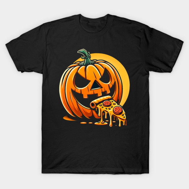 Scary Pumpkin eating Pizza T-Shirt by logiamerch