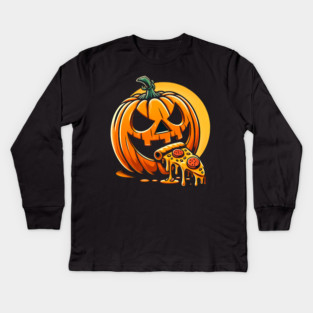 Scary Pumpkin eating Pizza Kids Long Sleeve T-Shirt