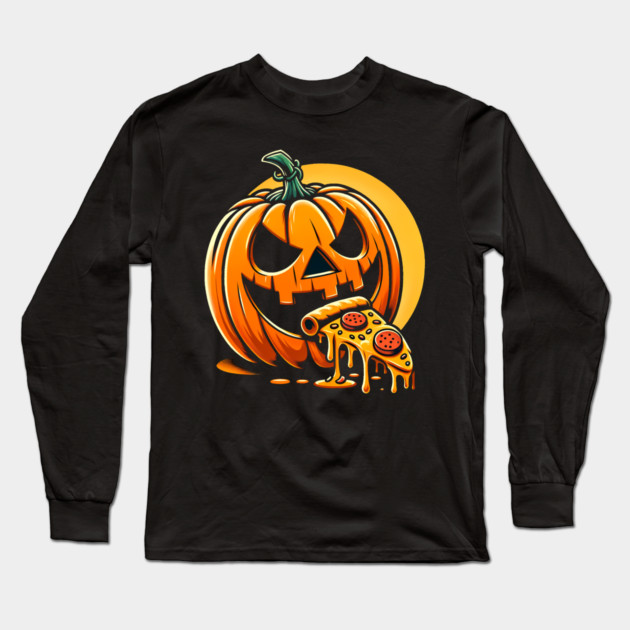 Scary Pumpkin eating Pizza Long Sleeve T-Shirt by logiamerch