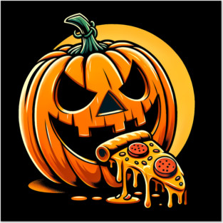 Scary Pumpkin eating Pizza Posters and Art