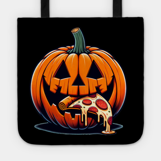 Scary Pumpkin eating Pizza  Halloween Tote by logiamerch