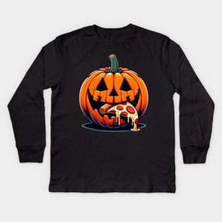 Scary Pumpkin eating Pizza  Halloween Kids Long Sleeve T-Shirt