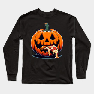 Scary Pumpkin eating Pizza  Halloween Long Sleeve T-Shirt