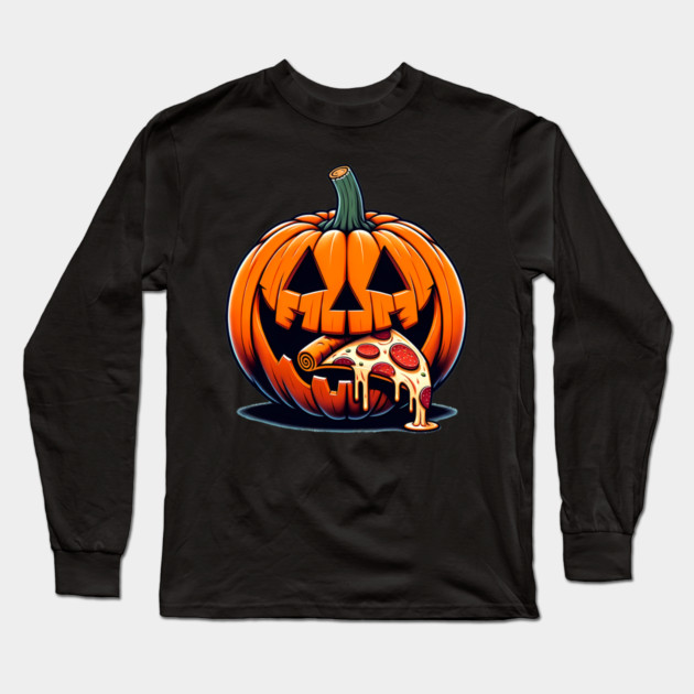 Scary Pumpkin eating Pizza  Halloween Long Sleeve T-Shirt by logiamerch