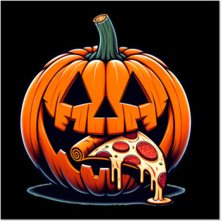 Scary Pumpkin eating Pizza  Halloween Posters and Art