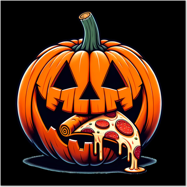 Scary Pumpkin eating Pizza  Halloween Wall Art by logiamerch