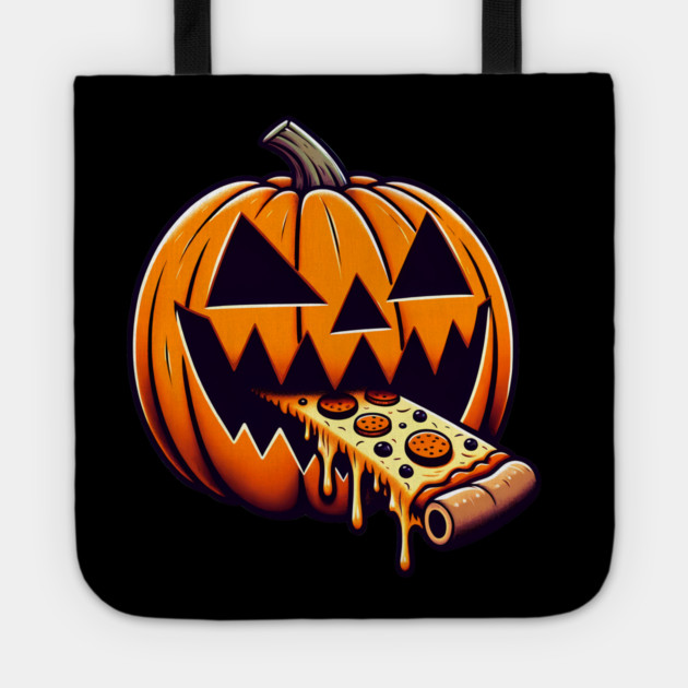 Scary Pumpkin eating Pizza  Halloween Tote by logiamerch
