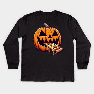 Scary Pumpkin eating Pizza  Halloween Kids Long Sleeve T-Shirt