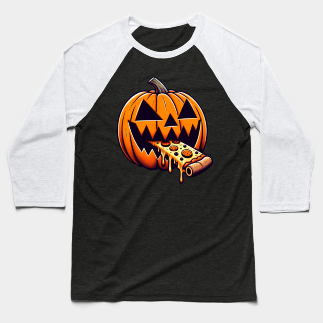 Scary Pumpkin eating Pizza  Halloween Baseball T-Shirt by logiamerch