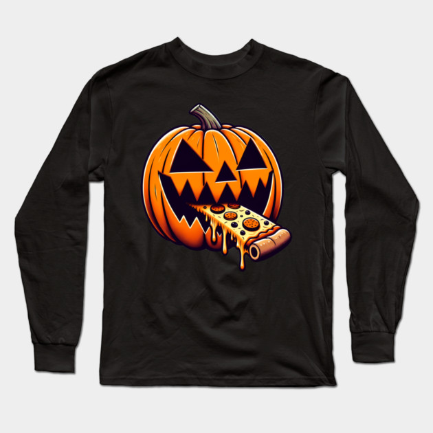 Scary Pumpkin eating Pizza  Halloween Long Sleeve T-Shirt by logiamerch